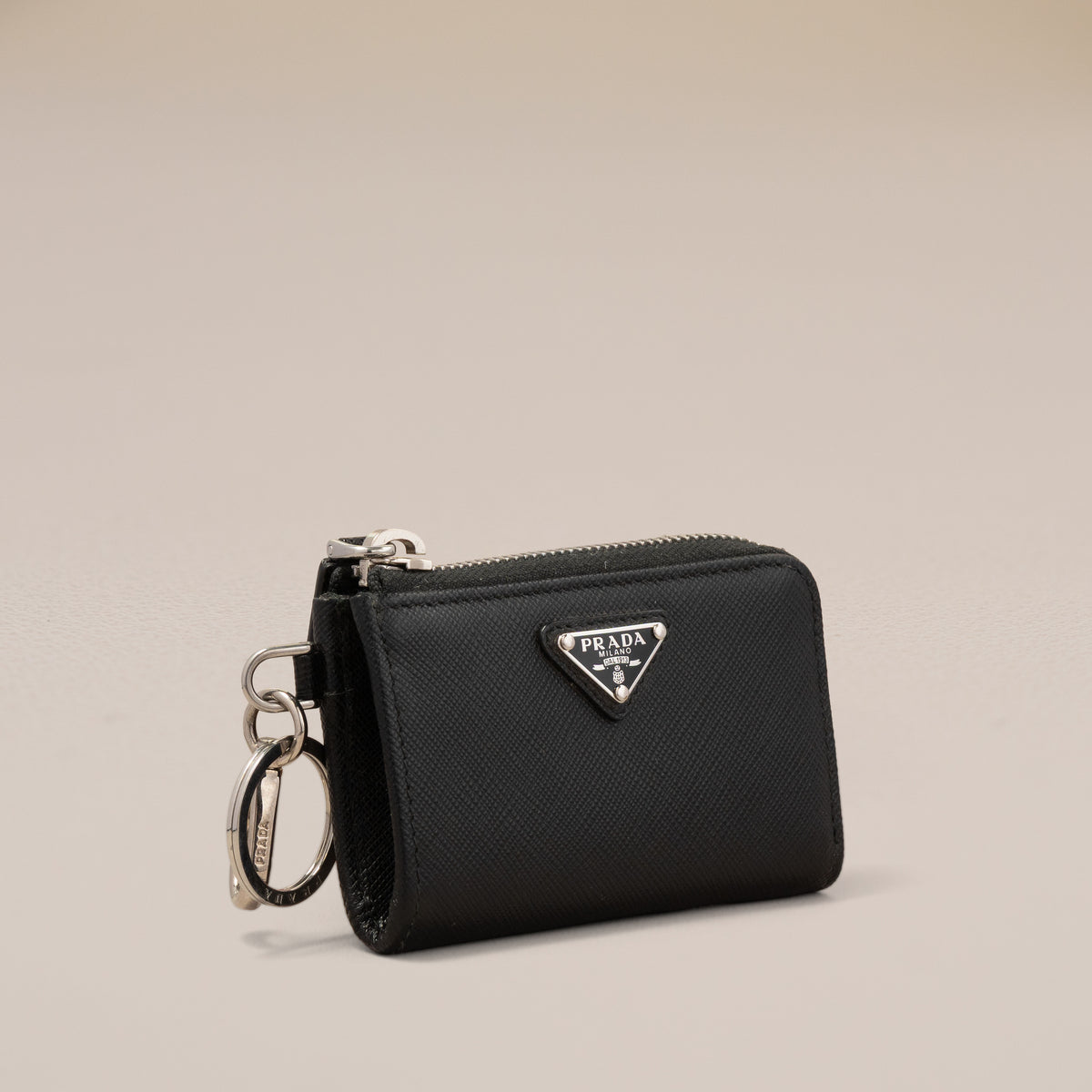 Prada Saffiano Leather Mini Pouch with Keychain, Black — detail