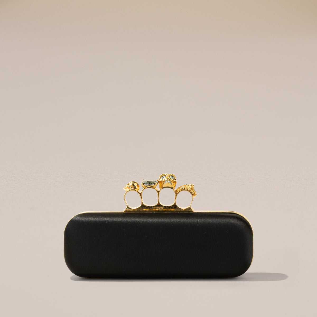 Alexander McQueen Four Ring Box Clutch, Black Satin
