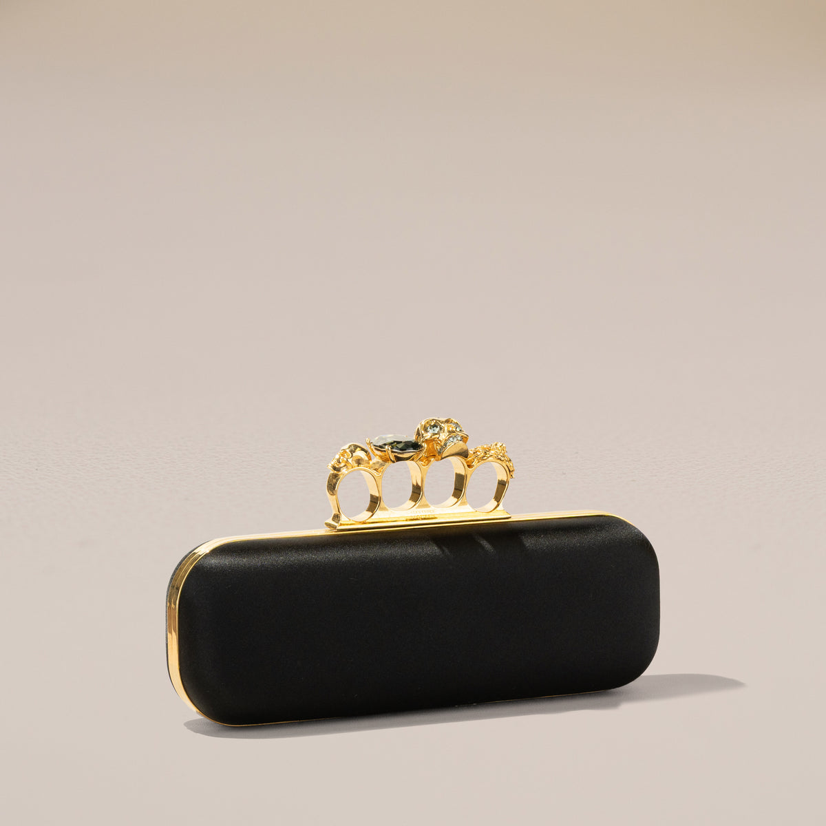 Alexander McQueen Four Ring Box Clutch, Black Satin — angle