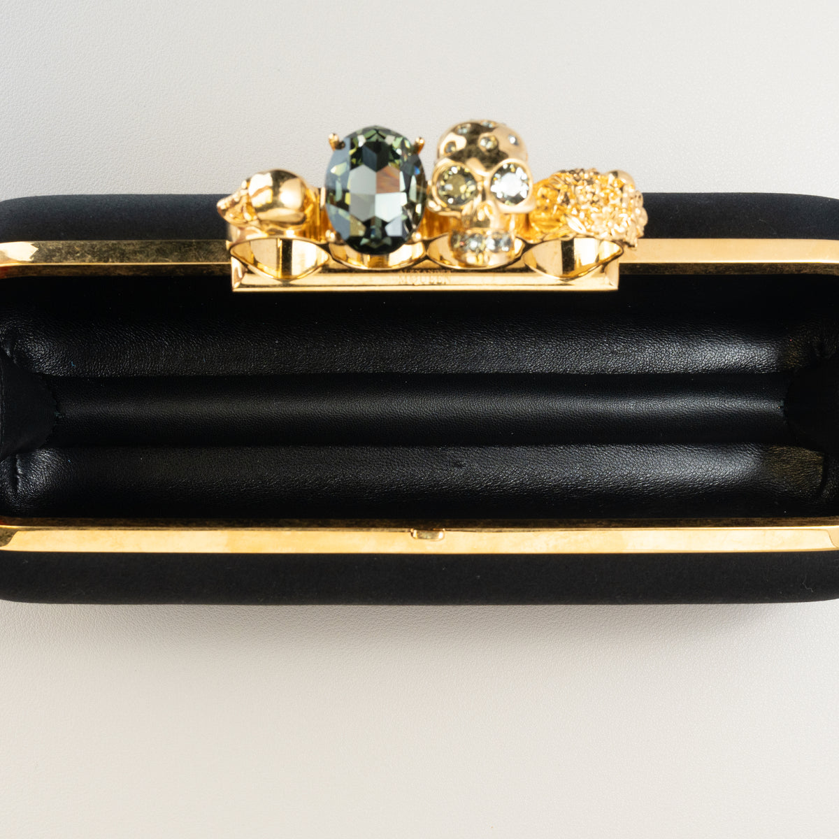 Alexander McQueen Four Ring Box Clutch, Black Satin — interior