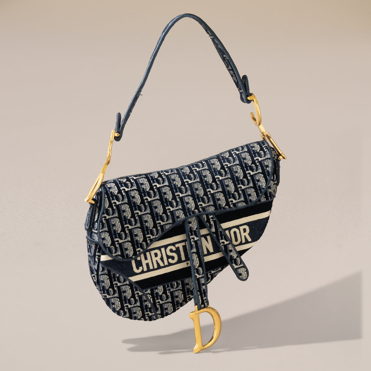 Christian Dior Saddle Bag, Blue Dior Oblique Embroidery — angle