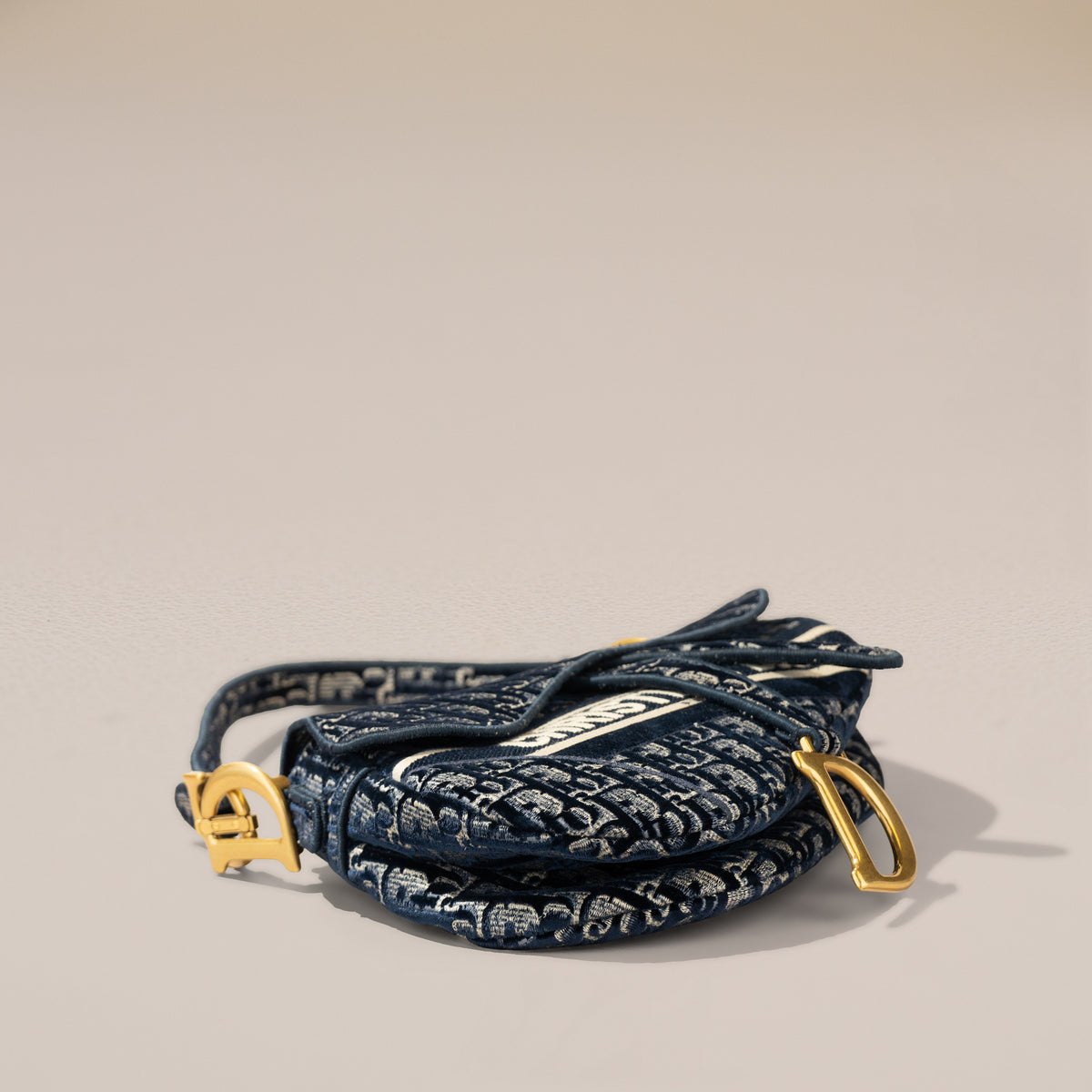 Christian Dior Saddle Bag, Blue Dior Oblique Embroidery — flat