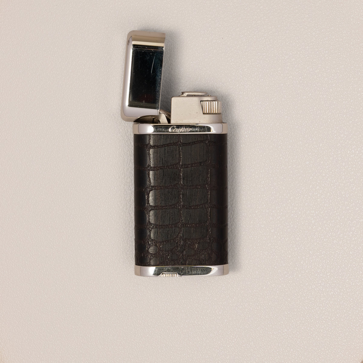 Cartier Oval Lighter, Palladium and Crocodile-Pattern Leather — open