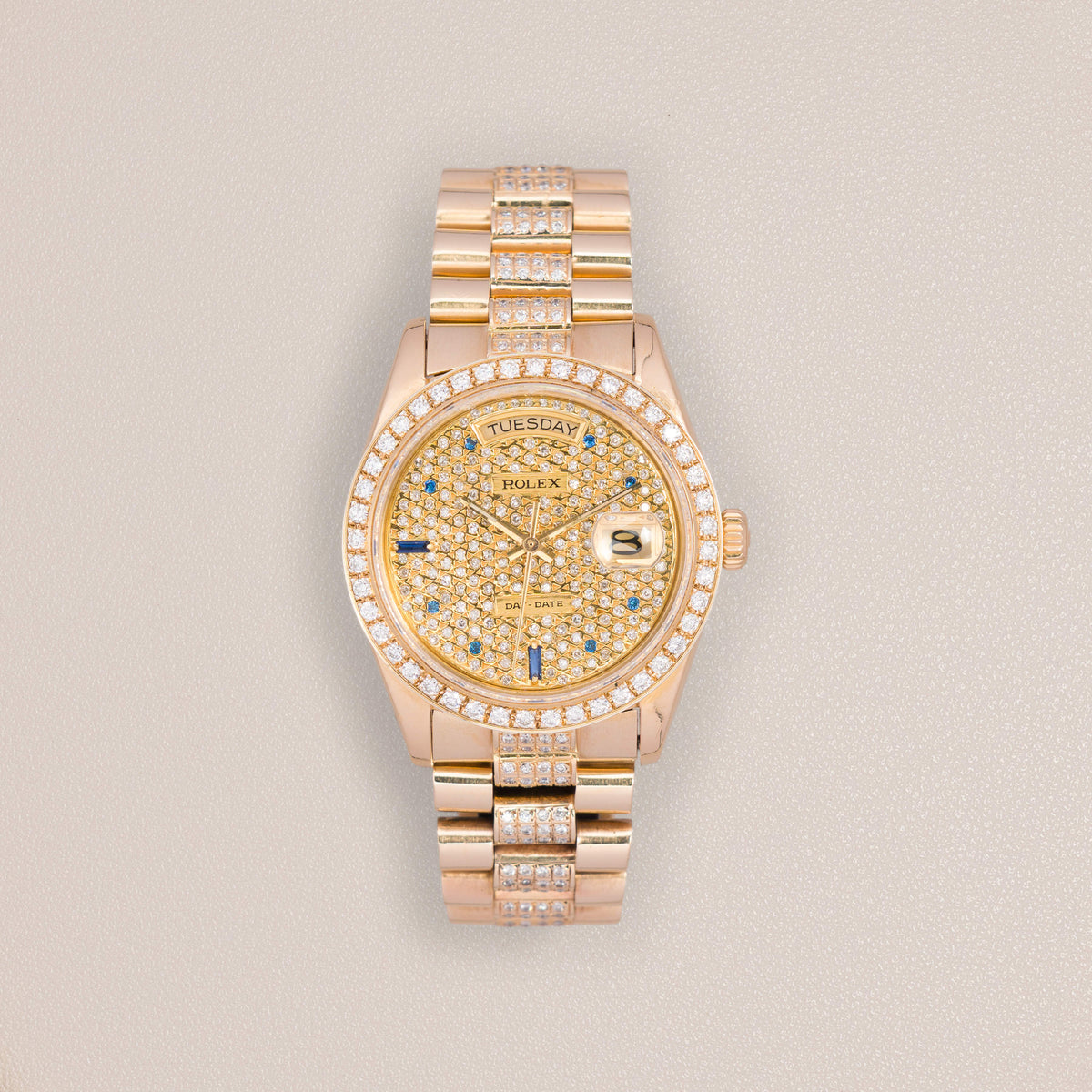 Rolex Day-Date 36 18038, 18K Yellow Gold, Aftermarket Diamond Dial and Bezel — on the President bracelet