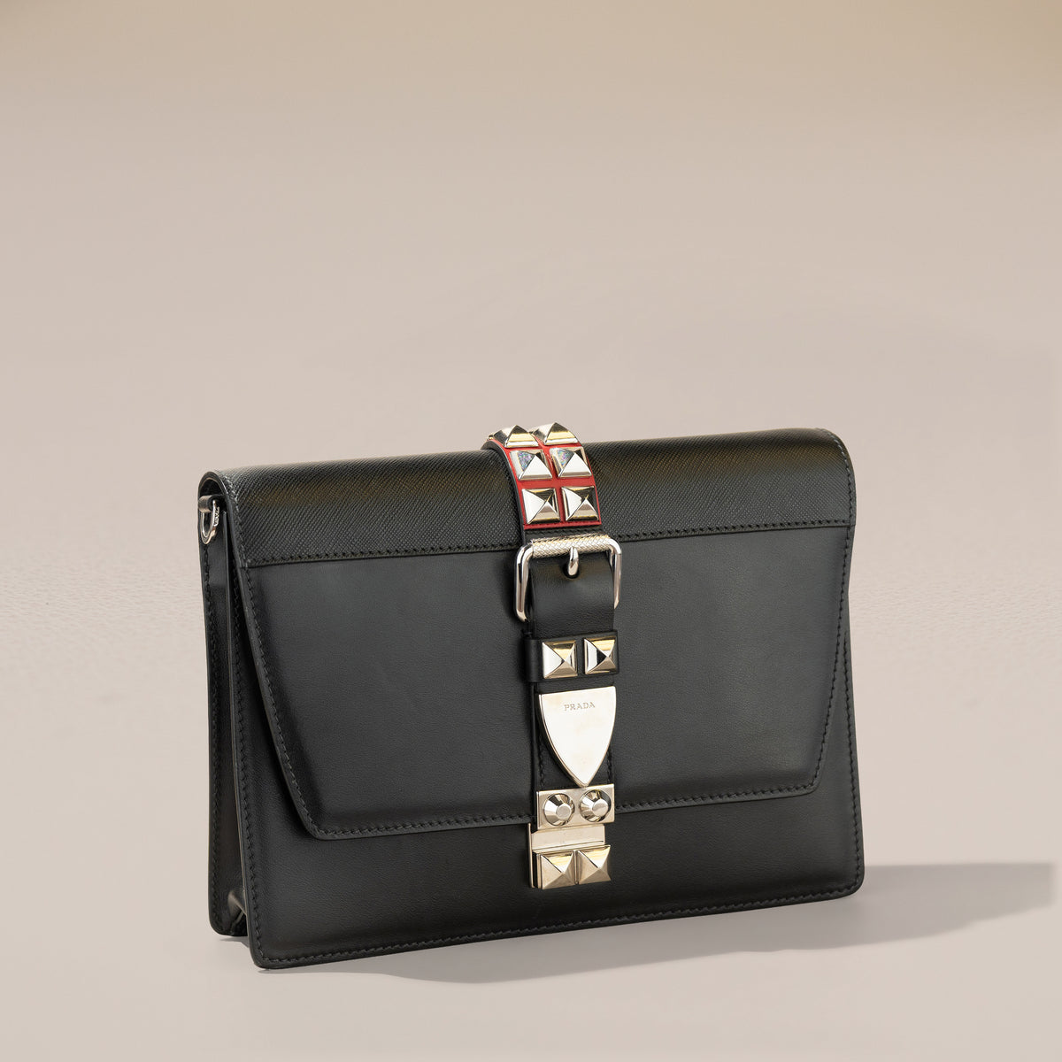 Prada Elektra Shoulder Bag, Black and Red — angle, without strap