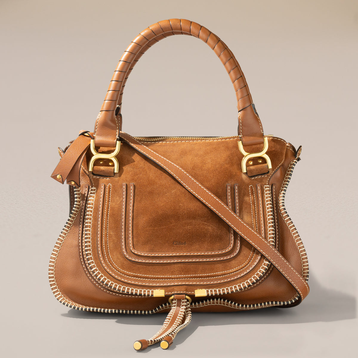 Chloé Marcie Medium, Tan Suede and Calfskin