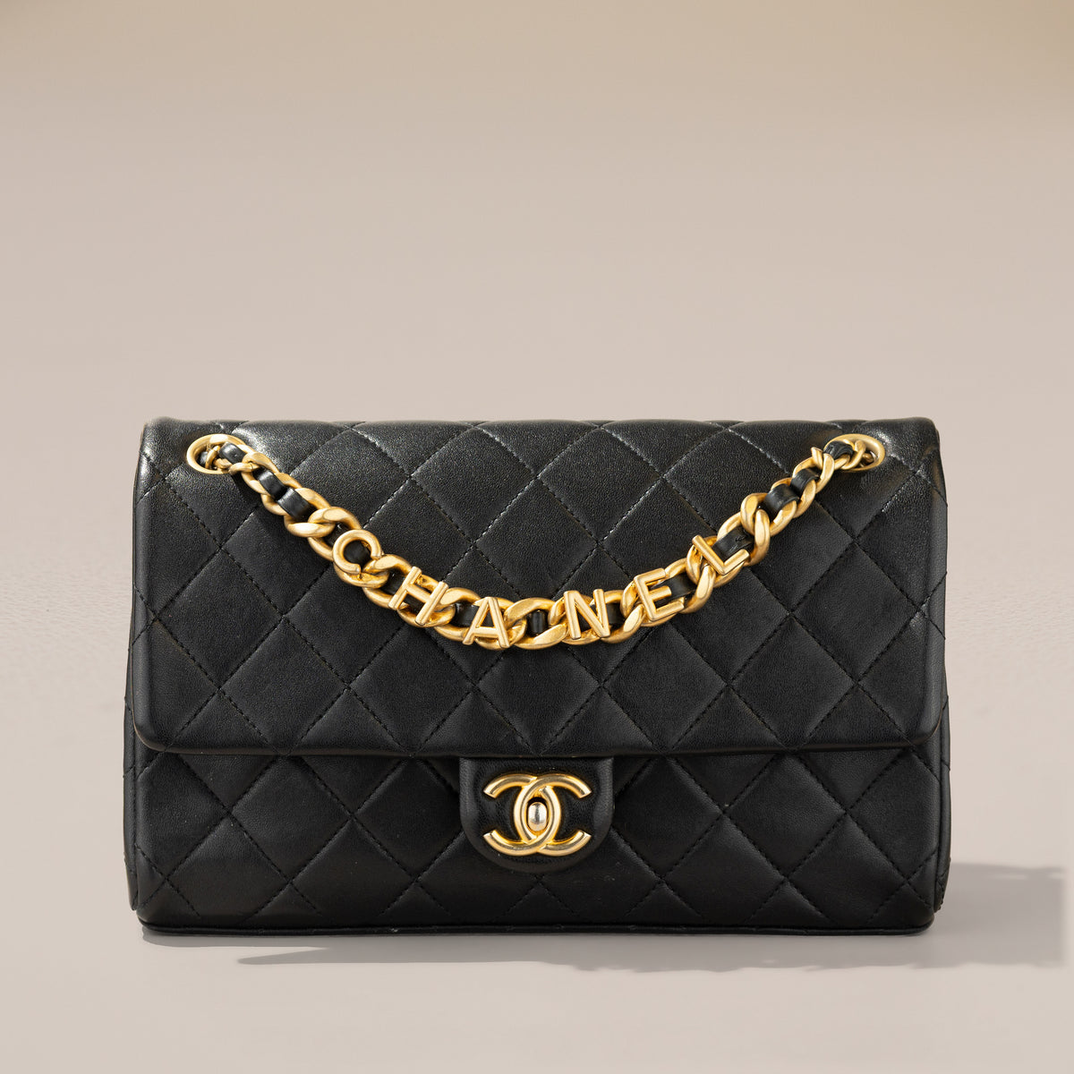 Chanel Logo Letters Flap Bag, Black Lambskin
