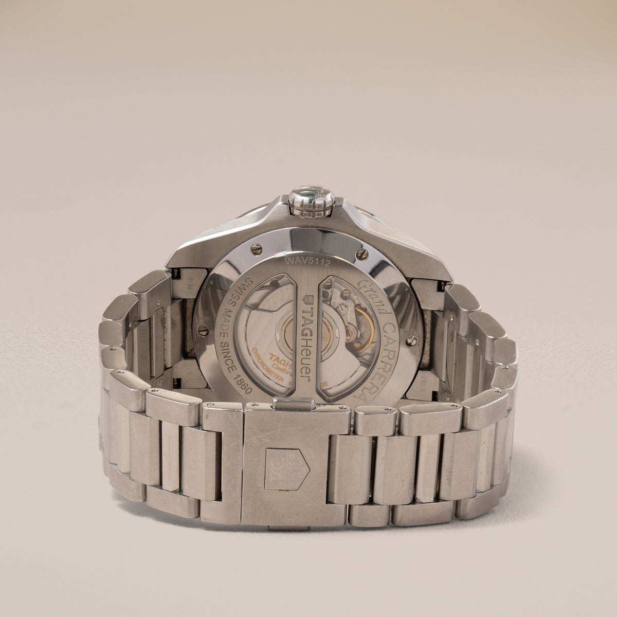 TAG Heuer Grand Carrera Calibre 8 GMT Grande Date, Silver Dial — reverse