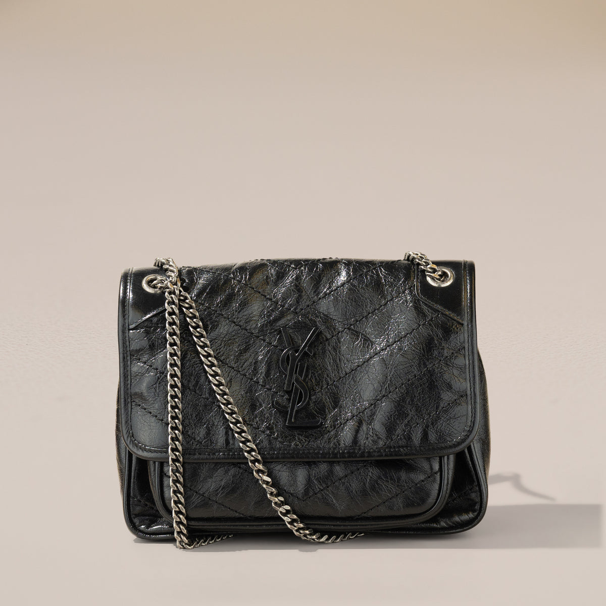 Saint Laurent Niki Baby, Black Crinkled Vintage Leather — with chain