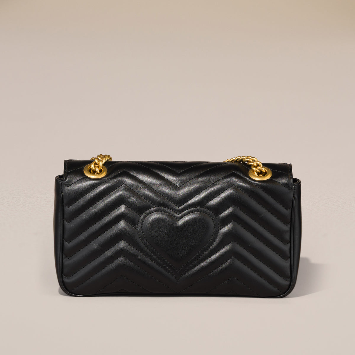 Gucci GG Marmont Small Shoulder Bag, Black Matelassé Leather — reverse