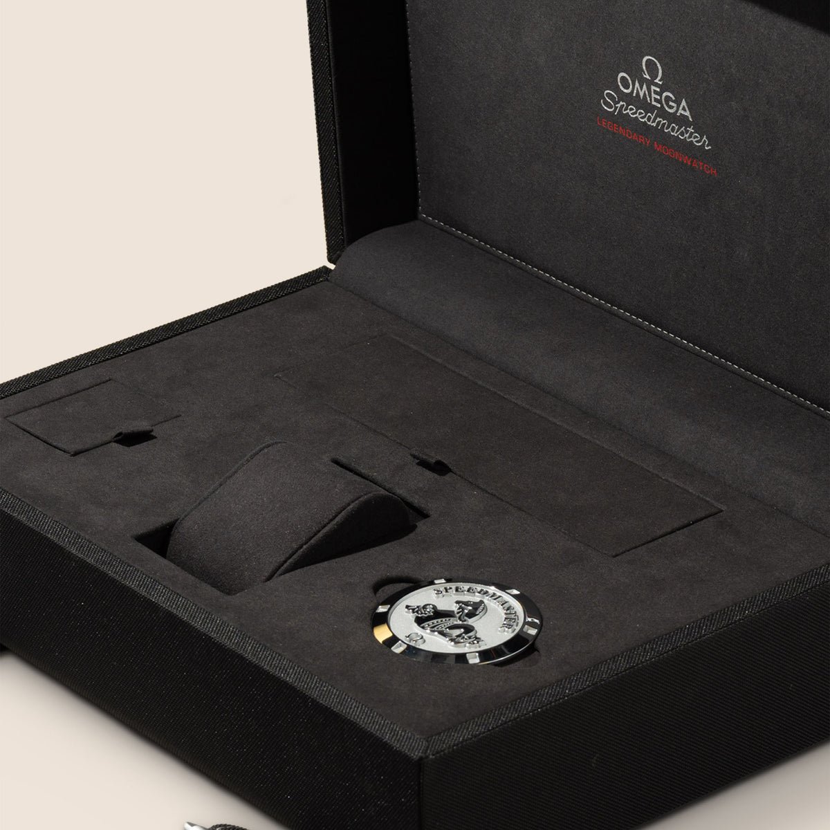 Omega Speedmaster Professional Moonwatch — original presentation case, open