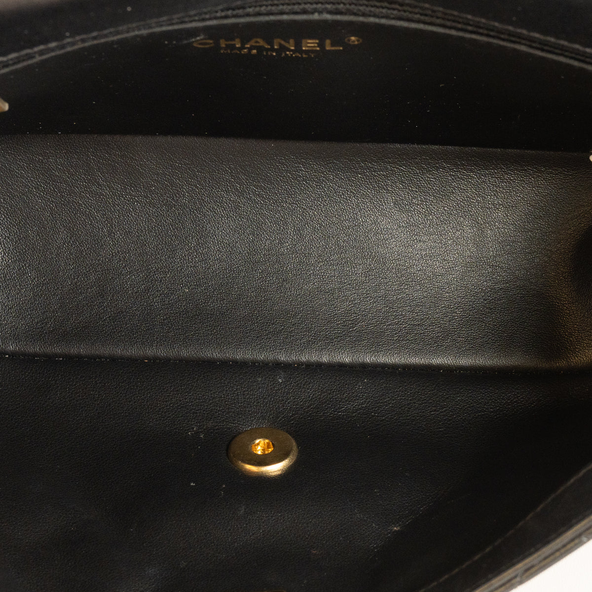 Chanel Logo Letters Flap Bag, Black Lambskin — interior