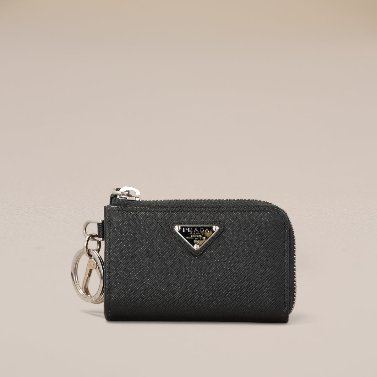 Prada Saffiano Leather Mini Pouch with Keychain, Black
