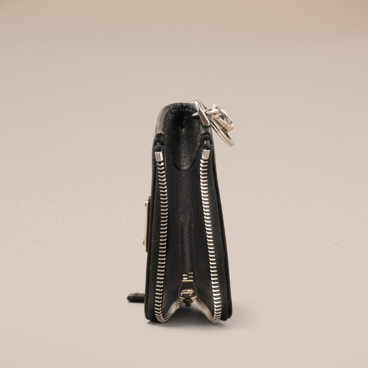 Prada Saffiano Leather Mini Pouch with Keychain, Black — detail