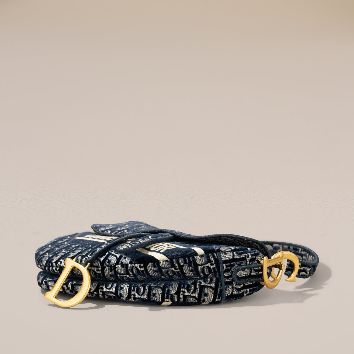 Christian Dior Saddle Bag, Blue Dior Oblique Embroidery — flat, angle