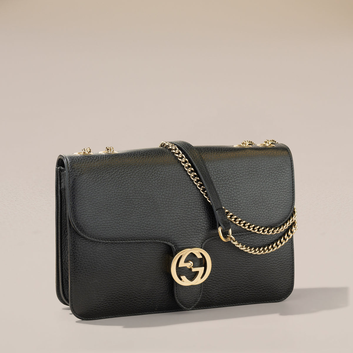 Gucci Medium Interlocking G Shoulder Bag, Black Leather — angle