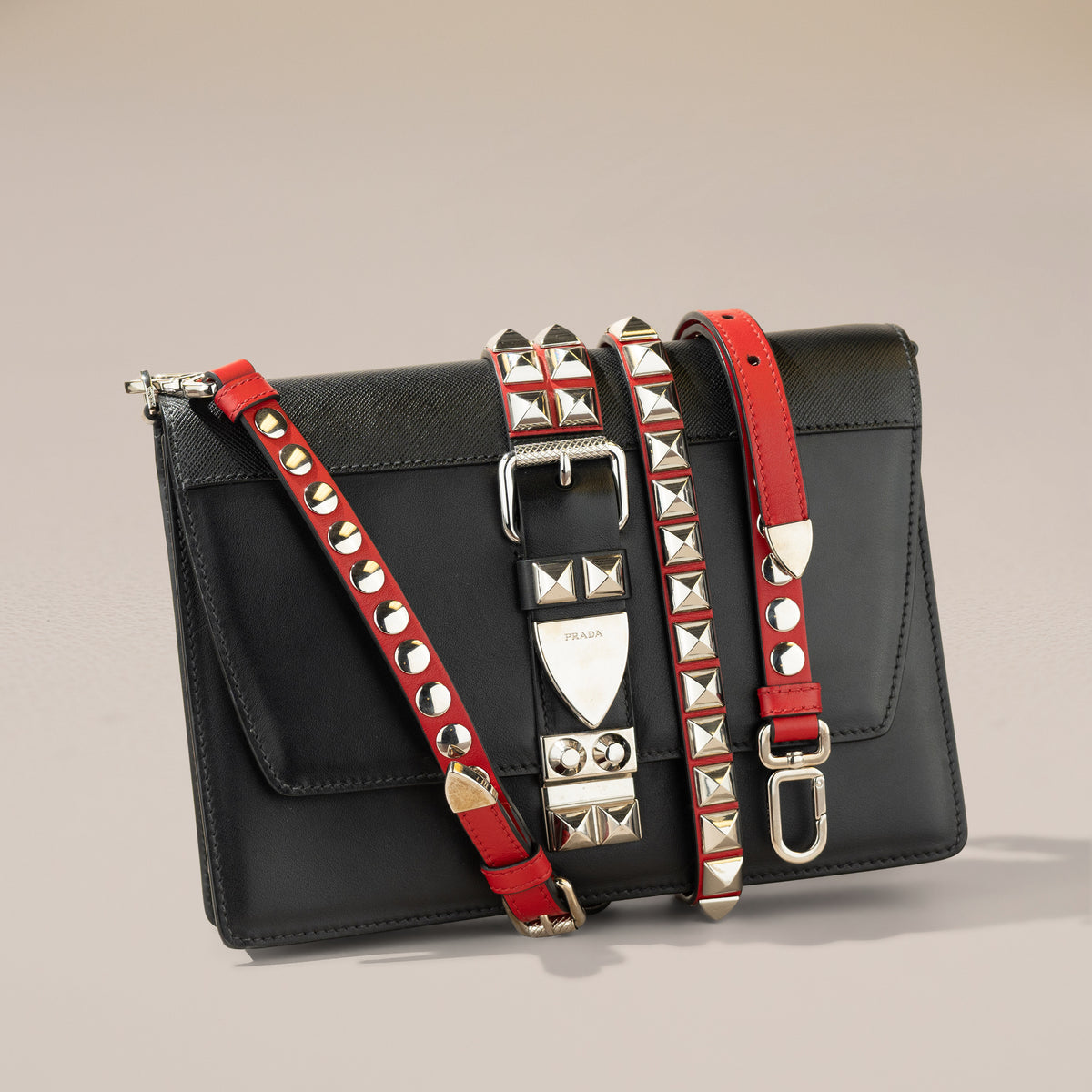 Prada Elektra Shoulder Bag, Black and Red — angle
