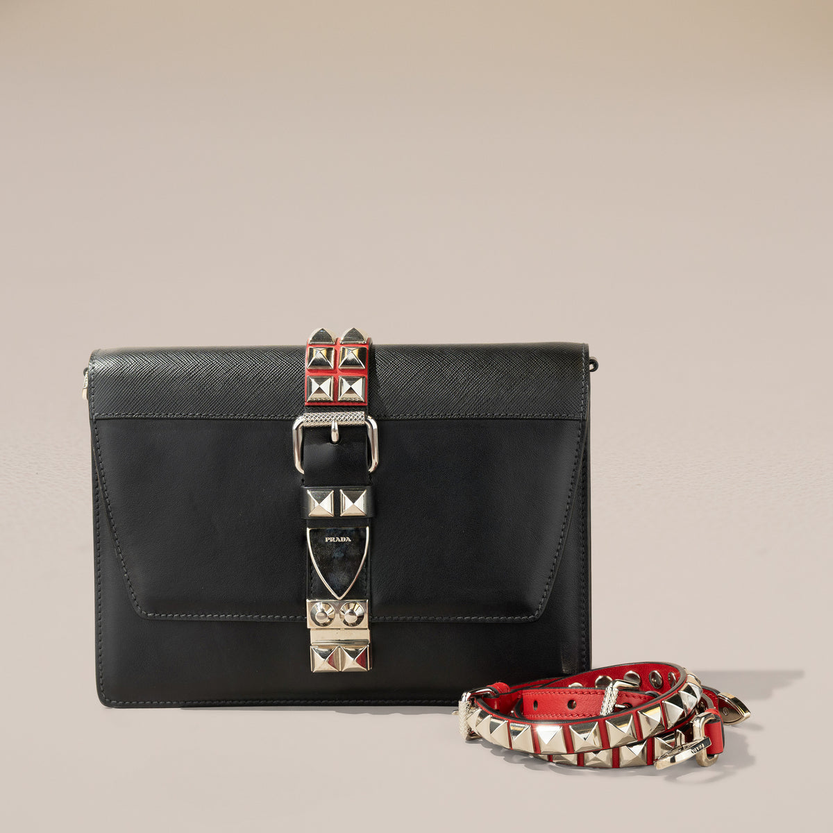 Prada Elektra Shoulder Bag, Black and Red — with its strap
