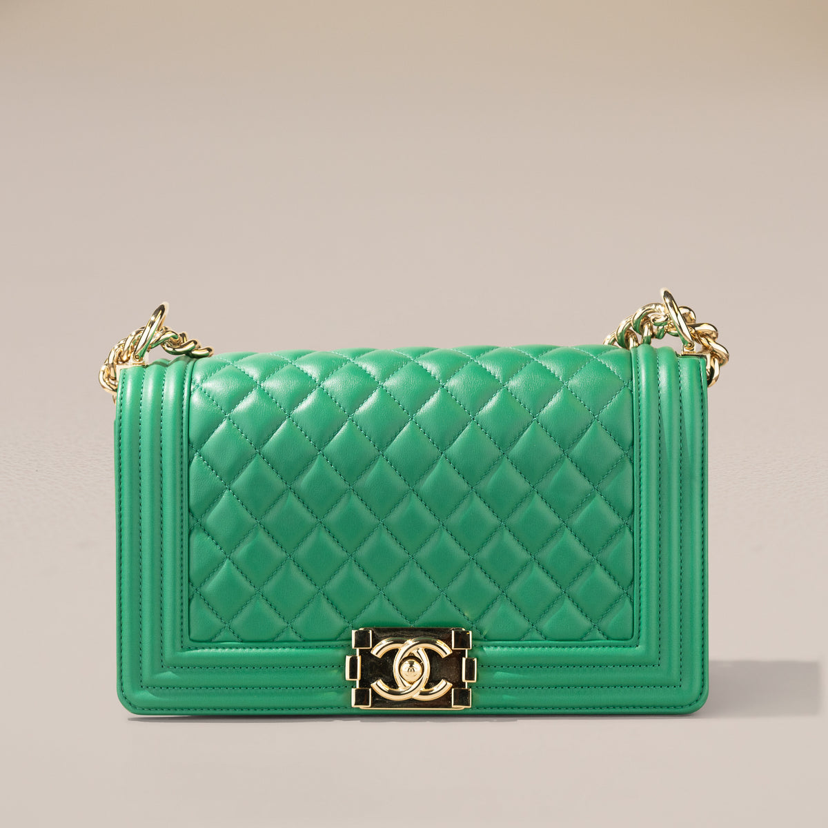 Chanel Old Medium Boy Bag, Green Lambskin