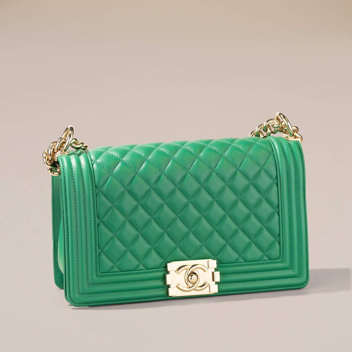 Chanel Old Medium Boy Bag, Green Lambskin — angle