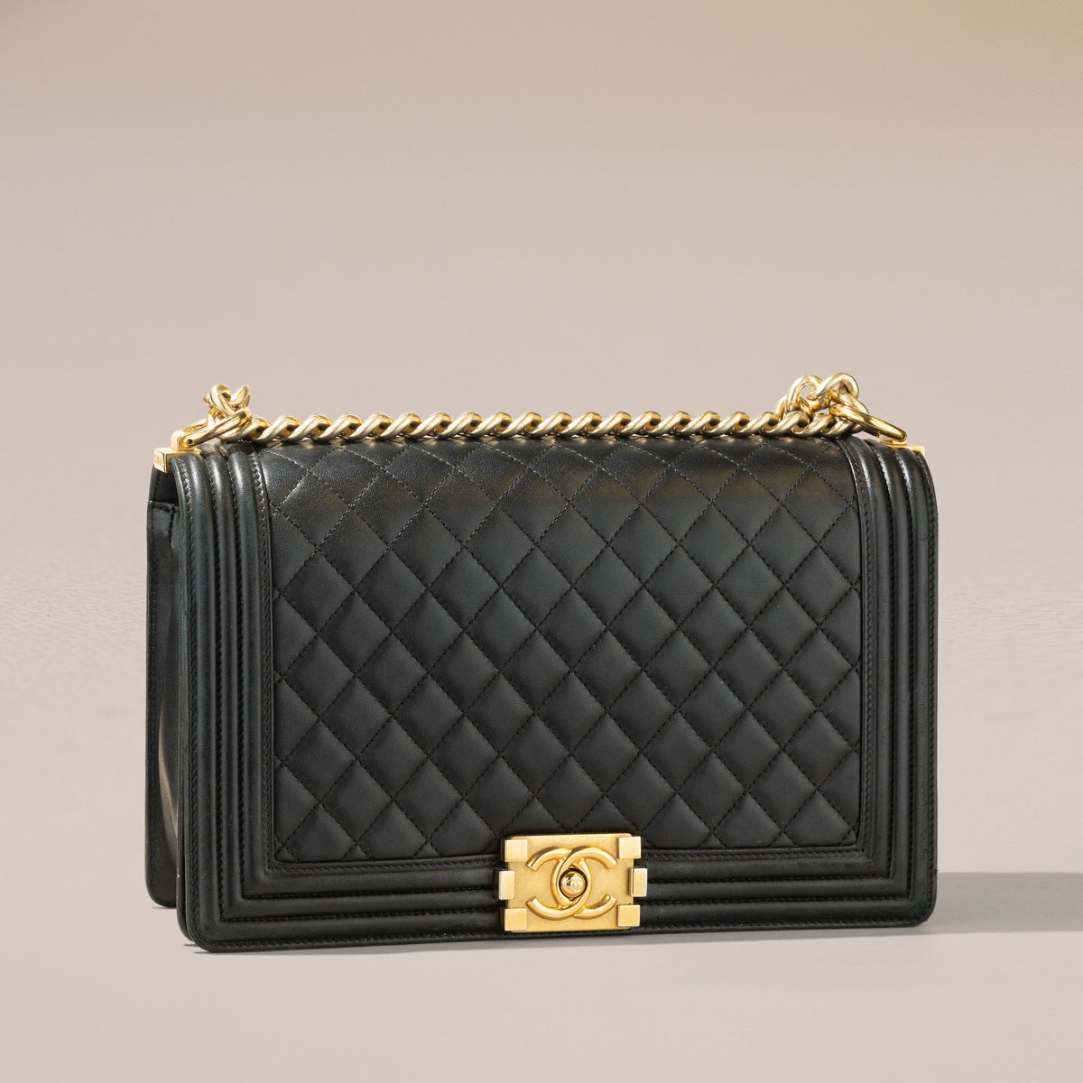Chanel New Medium Boy Bag, Black Lambskin — angle