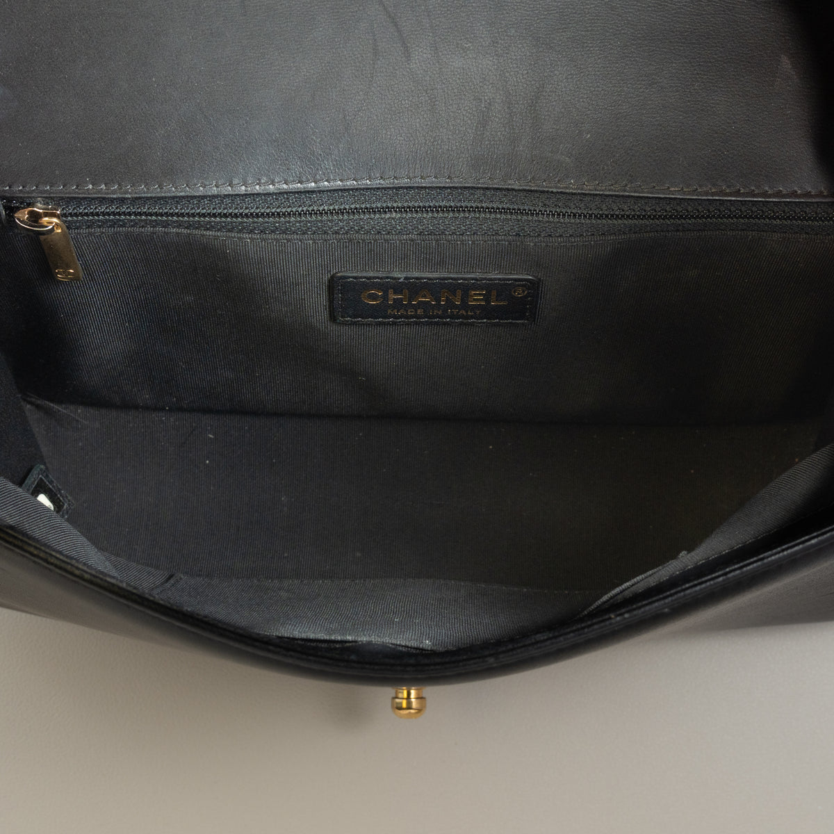 Chanel New Medium Boy Bag, Black Lambskin — interior