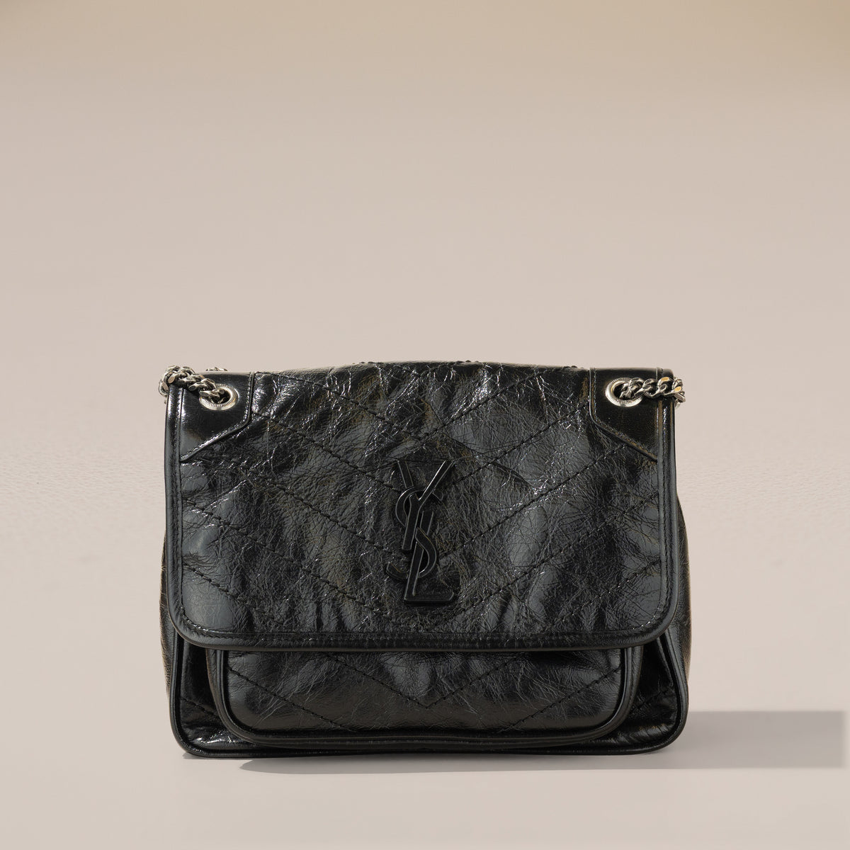 Saint Laurent Niki Baby, Black Crinkled Vintage Leather