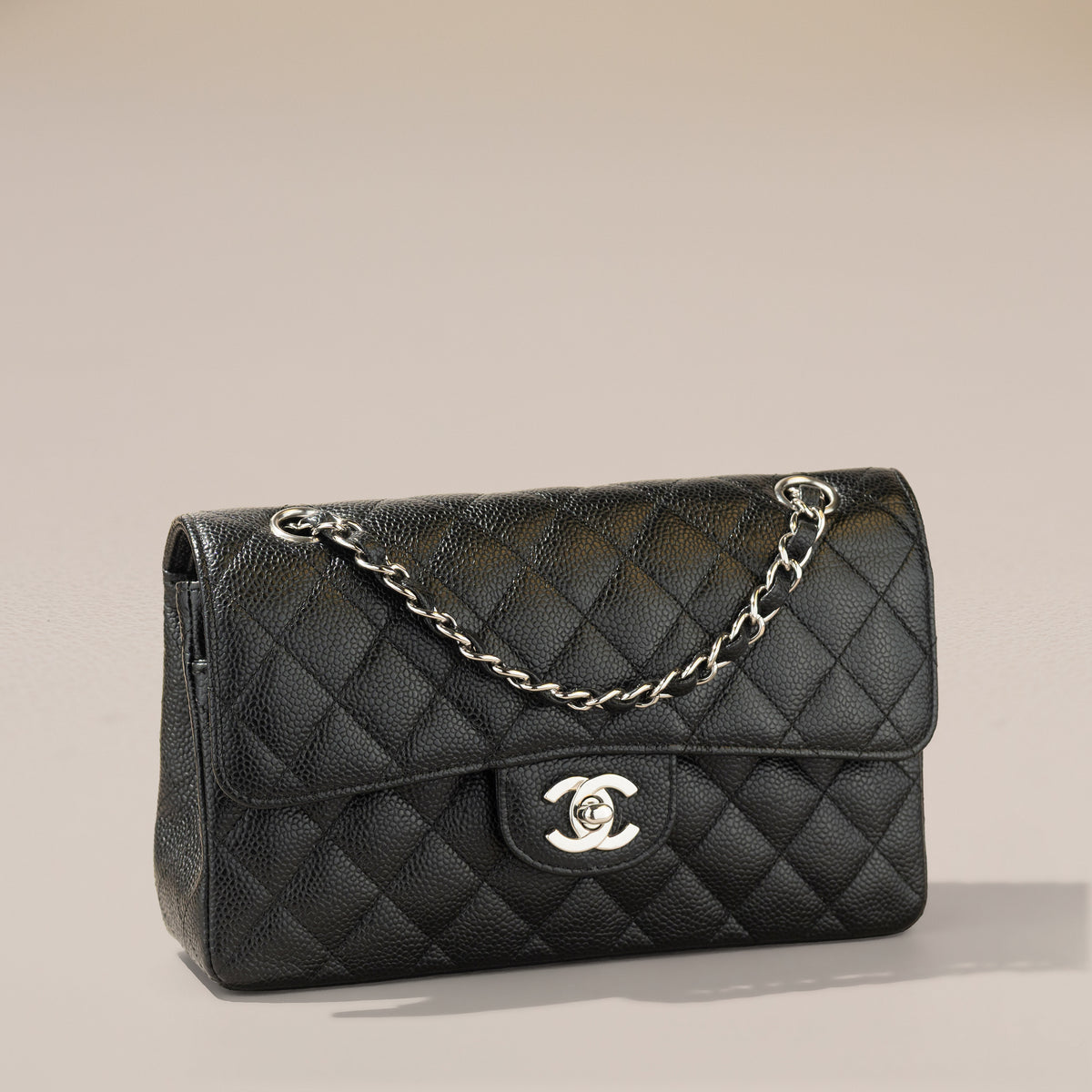 Chanel Small Classic Double Flap, Black Caviar — angle