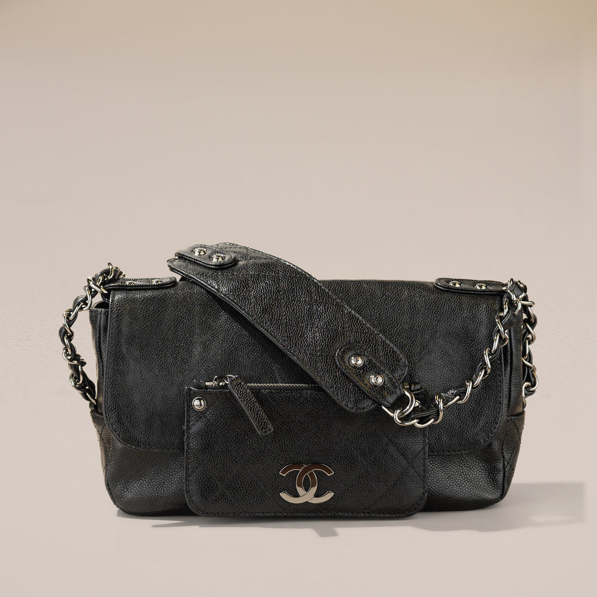 Chanel Pocket in the City Flap Bag, Black Glazed Caviar