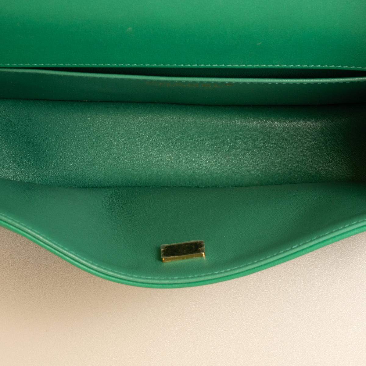 Chanel Old Medium Boy Bag, Green Lambskin — interior